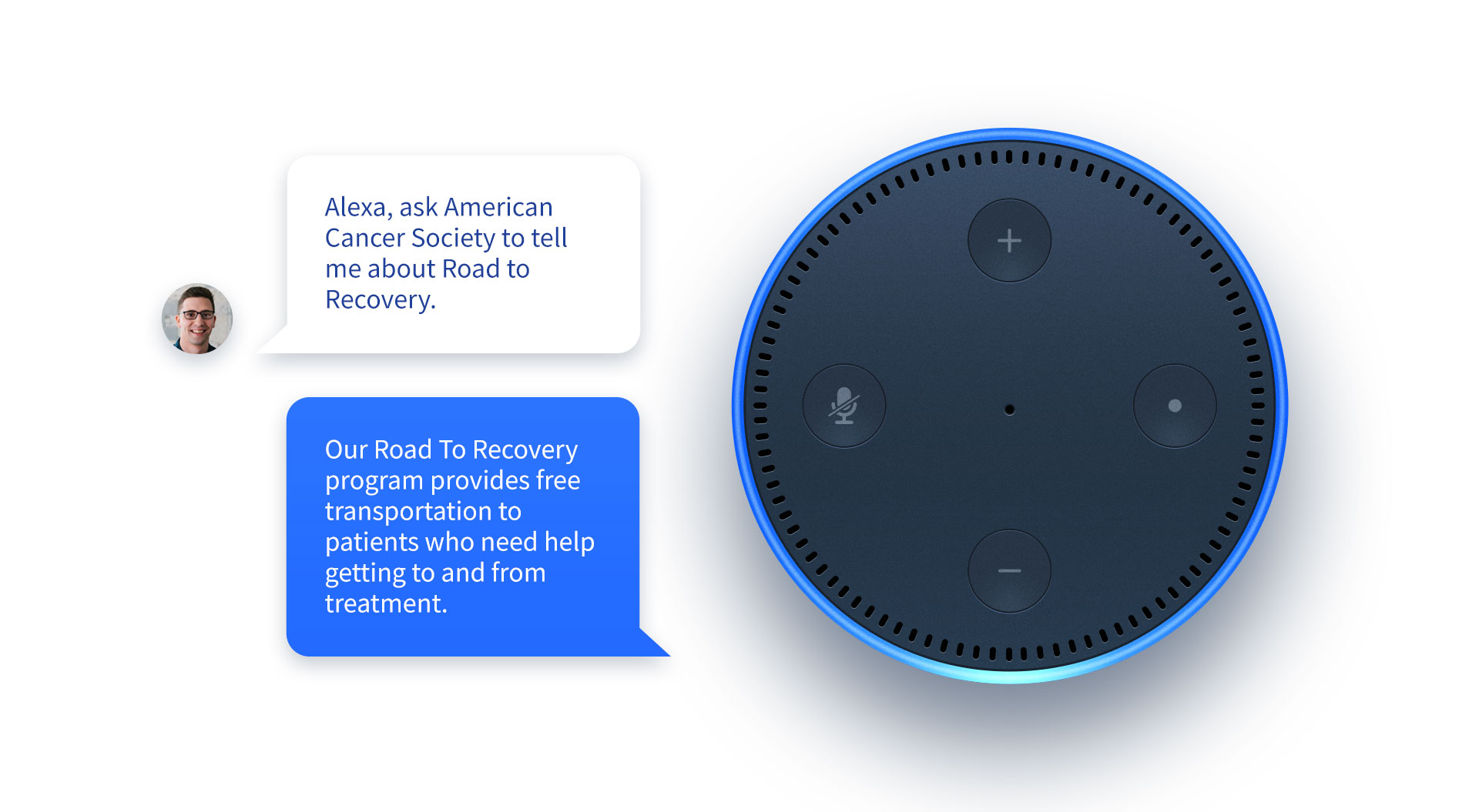 Amazon Alexa with speech bubbles showcasing an Alexa skill.