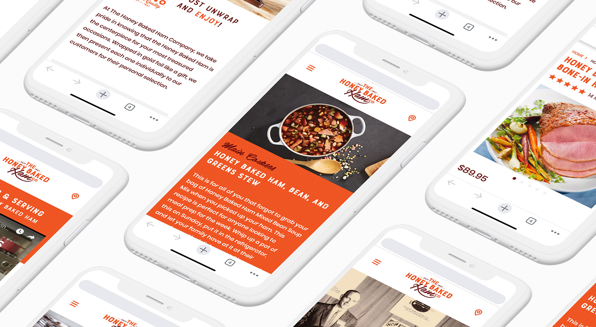 Mobile phone mockups of the Honey Baked Ham Company website.