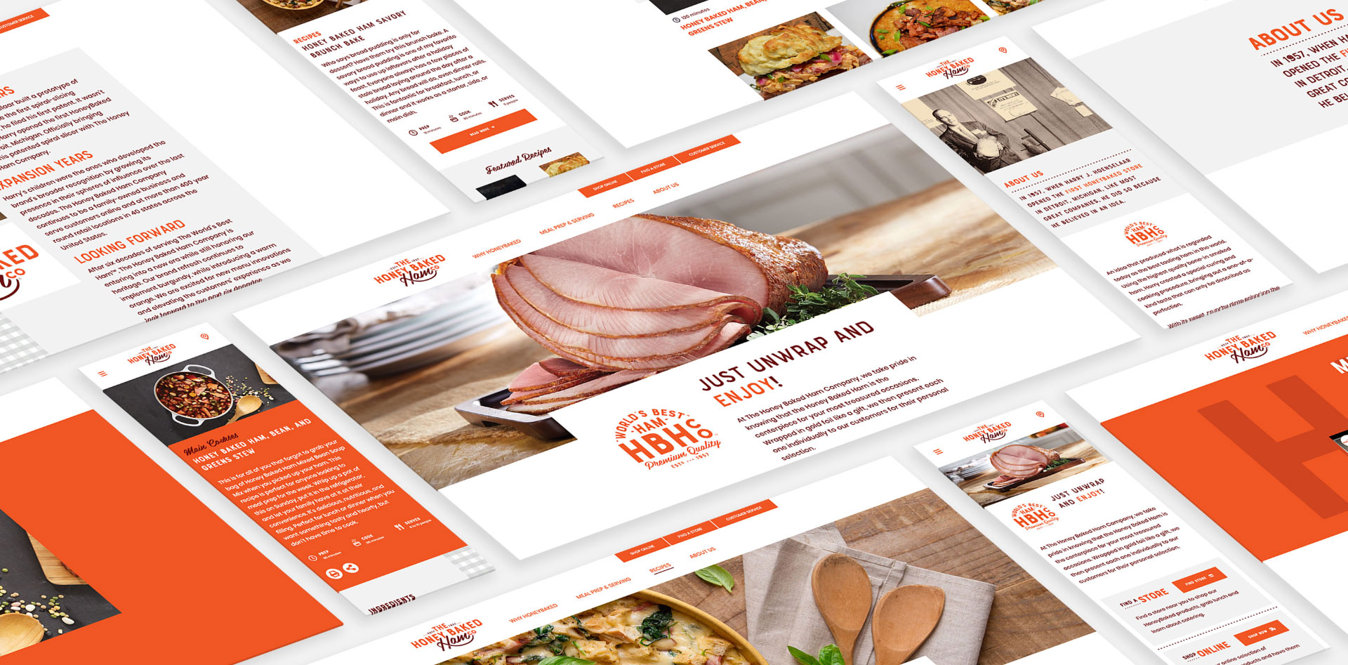 Tiled mockups of the Honey Baked Hame Company website.