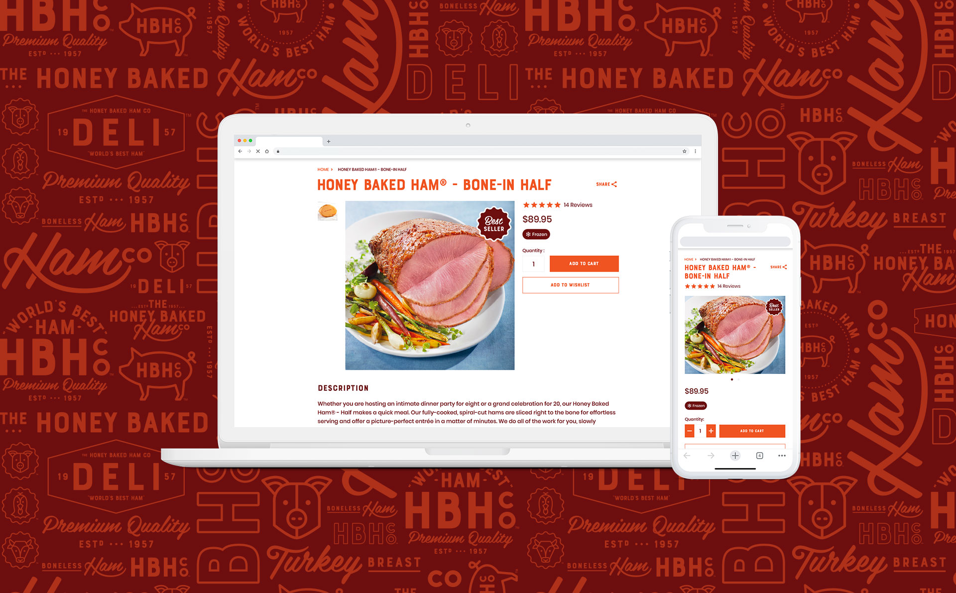 A laptop and mobile phone displaying the Honey Baked Ham Company website.