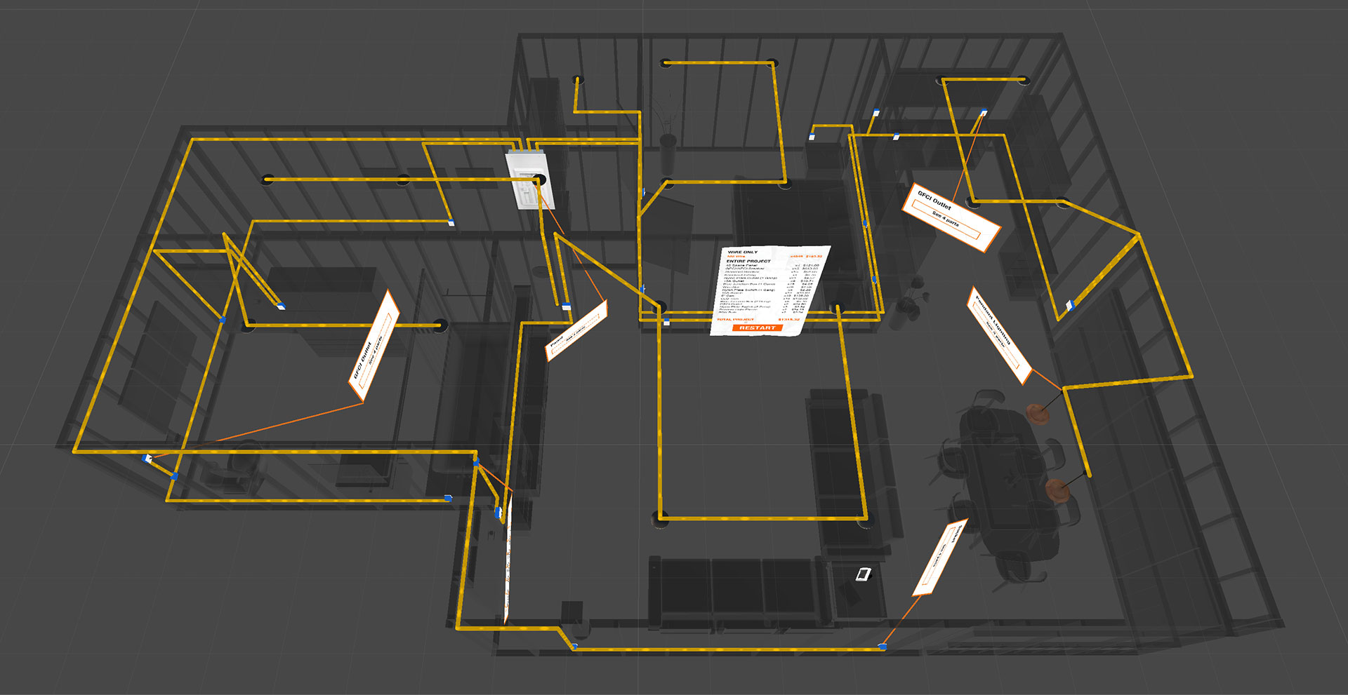 Bird's eye view, X-ray style image of wiring running throughout the entirety a residential space.