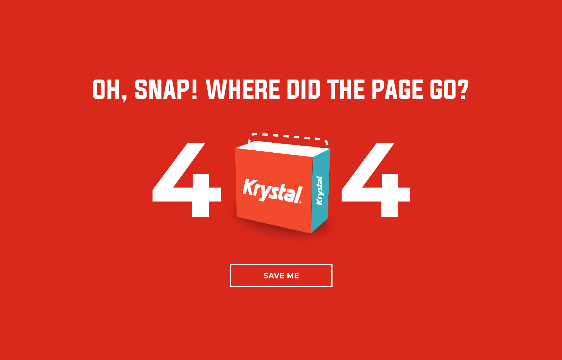 404 error page with an empty Krystal box where the zero is located.