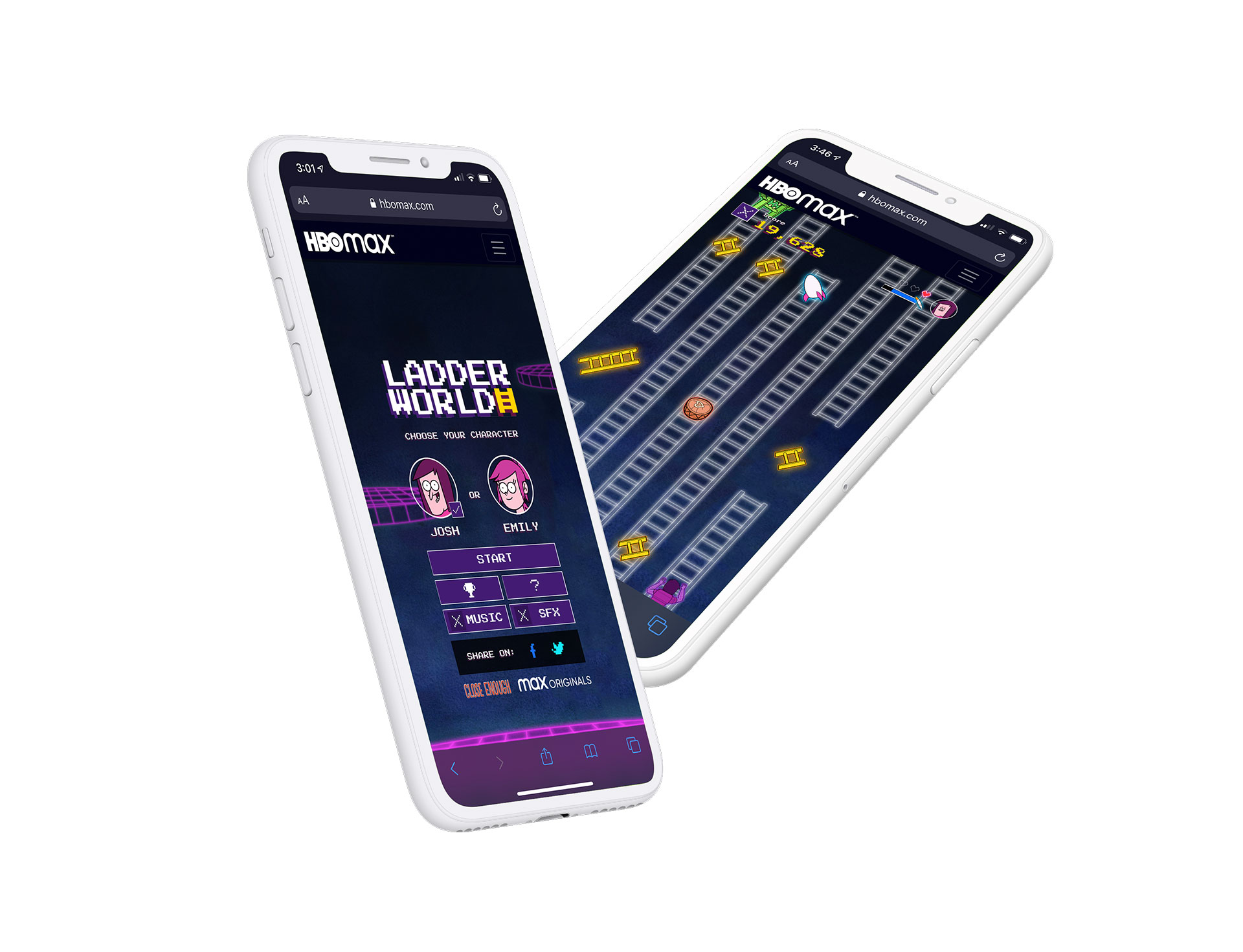 Mobile phones showcasing the game on an iOS web browser.