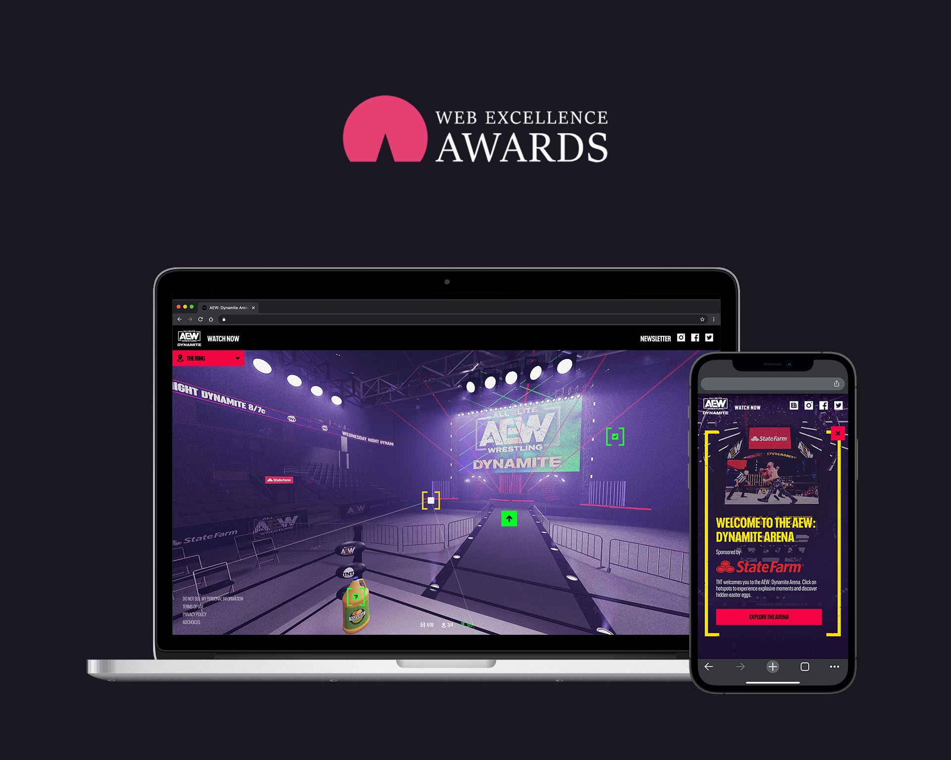 Winner of the 2021 Web Excellence Award in web entertainment. Laptop and phone devices showcase the AEW arena, laser lighting and clickable points of interest floating around the user in 3D space.