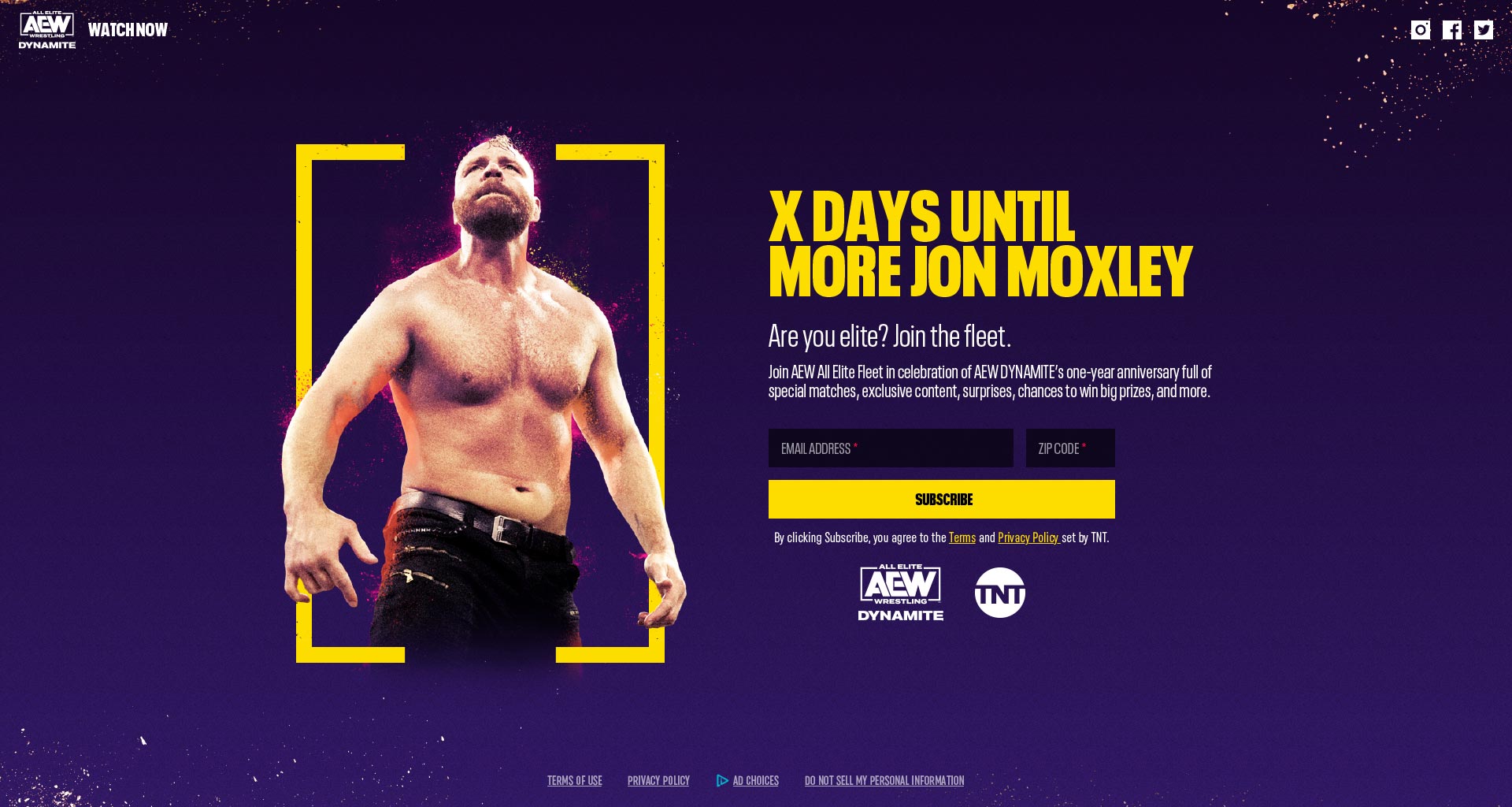 Landing page for AEW web experience before launch date. Wrestler Jon Moxley displayed on the left and a sign up form on the right.