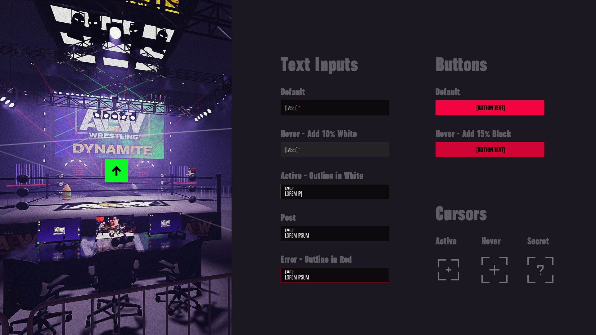 A style sheet showing all of the basic user interface assets for the AEW experience including 3D renderings, text fields, buttons and cursor styles.