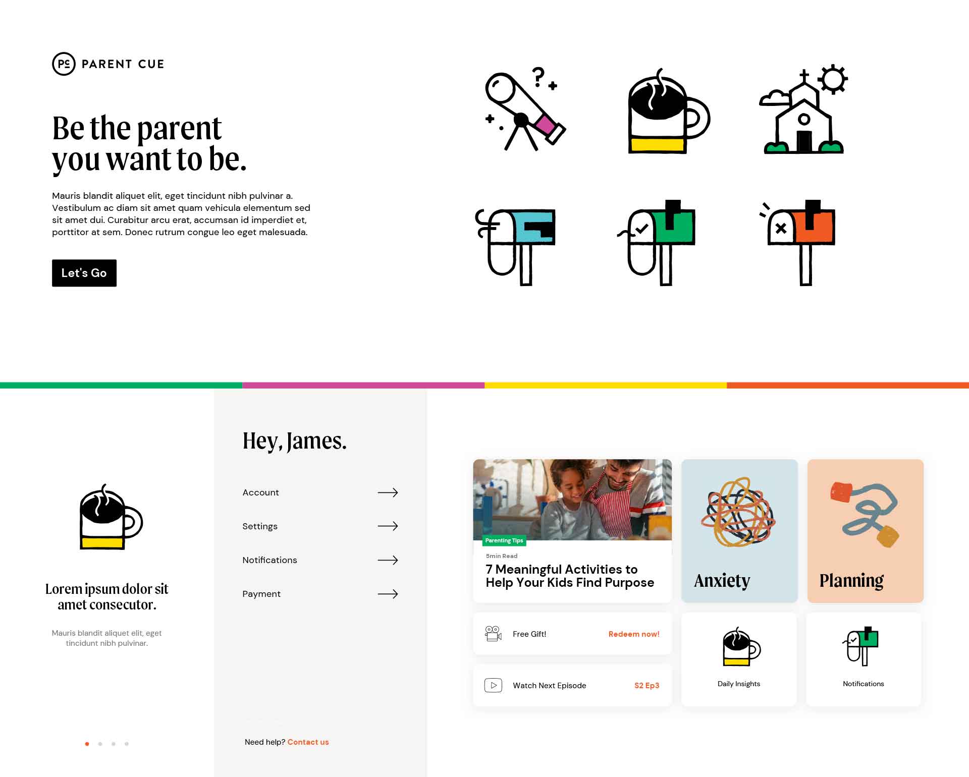Parent Cue moodboard with illustrations, iconography, color and text styles.